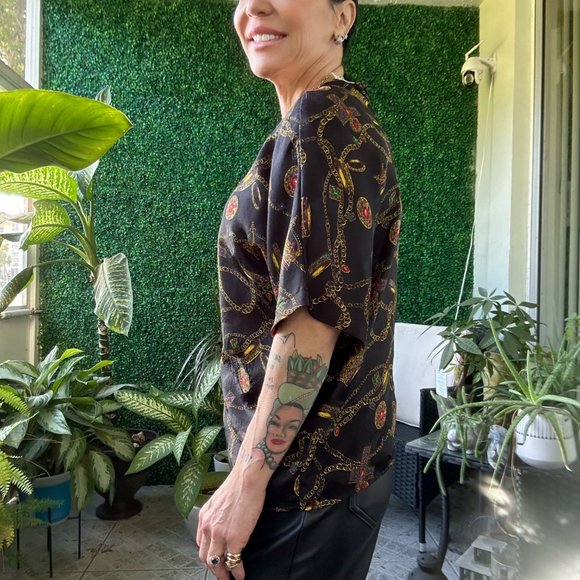 1980S Slouchy Funky Baroque Chain Multicolor Graphic Print Top Blouse Short Slee - Picture 3 of 4